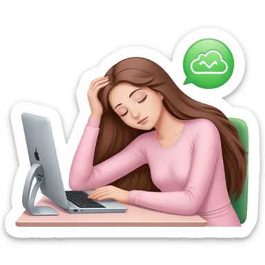 pretty woman with very long brown hair and green eyes and light pink outfit sleeping working on a computer sticker