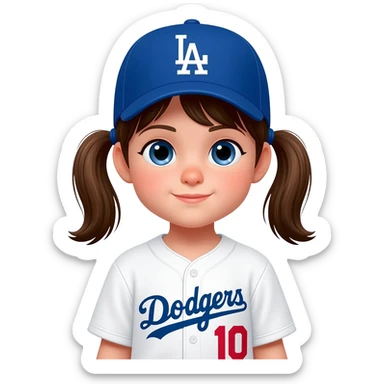 toddler girl in a white dodgers uniform with baseball cap with brown pigtails and blue eyes sticker