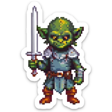 pixel art goblin with a raised sword, ready for battle sticker