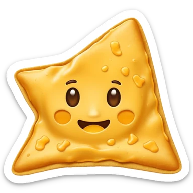 a single nacho chip, golden yellow, with a bit of melted cheese sticker
