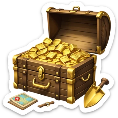 An icon showcasing a treasure chest filled with gold, a treasure map rolled up beside it, a backpack and shovel ready for the next adventure. The design captures the essence of treasure hunting, exploration, and excitement, set on a transparent background to emphasize the thrill of discovery. sticker