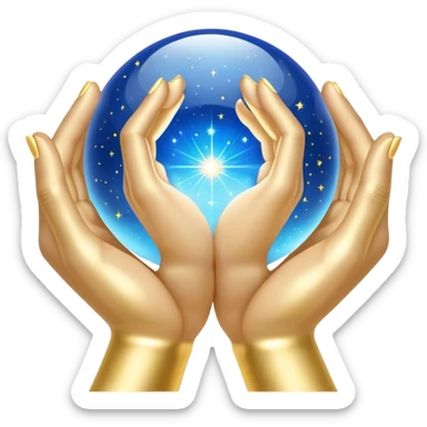 Emoji of two open hands holding a sphere of gold and blue light. Tiny sparkles emerge from the fingers, reflecting the power of manifestation. A pure white background. sticker