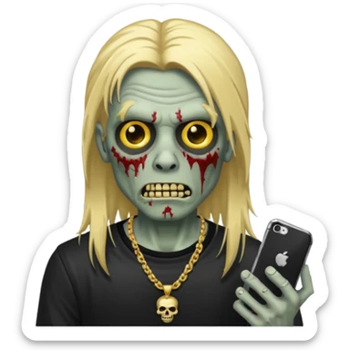 make a iphone emoji who is a zombie man with long blonde hair with light brown roots, with a black punk shirt and a golden neckless sticker
