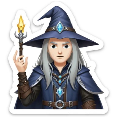 wizard with long hair, heavy metal aesthetic, leather clothes, dark magic sticker