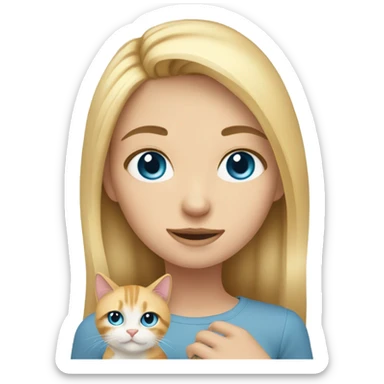 blonde girl with blue eyes,  holding a calico cat sticker