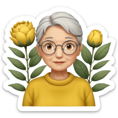 Abuela con arrugas, cabello canoso blanco en moño, expresión tierna, gafas redondas, suéter amarillo y detalles relacionados con plantas. Estilo amable y acogedor. sticker