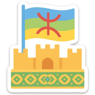 The Amazigh flag waving in the sky above a decorated Moroccan Amazigh fortress with Moroccan zellige patterns, in a modern colorful icon style, maintaining a transparent background. sticker