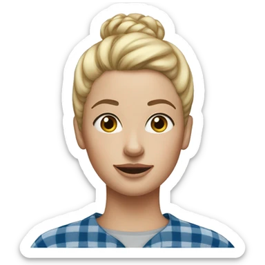 Blonde woman with freckles, blonde hair in a high bun, blue flannel, and gap in her tee sticker