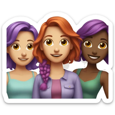 Four female best friends, one with red hair, one with purple hair, two with brown hair  sticker