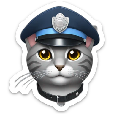 single grey cat wearing a police hat sticker