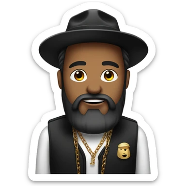 man with minister hair style and rapper hat and chain FULL BEARD , black eye sticker