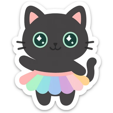 big black cat, green eyes, colorful tutu, kawaii style, adorable and soft sticker