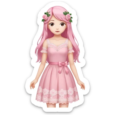 pastel anime woman with pink and white lace dress full body and long hair with roses sticker