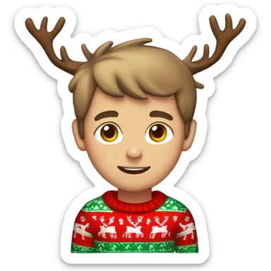 light brown haired boy with christmas sweater and raindeer horns sticker
