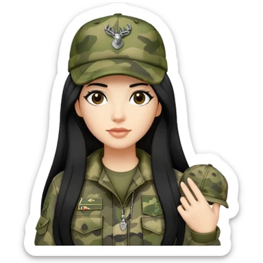 cartoon woman with long black hair wearing camo clothes and ian charms cap sticker