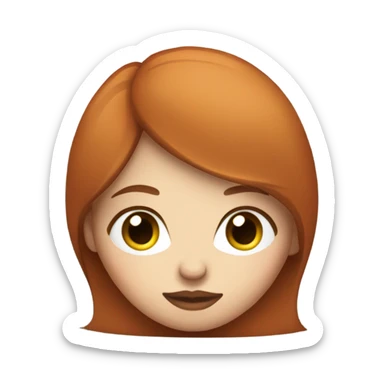 girl with straight short red hair, white skin, big glossy lips, bambie eyes, calm face, works on macbook sticker