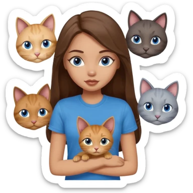 a pretty bratz dusky light skin girl with long brown hair, blue eyes with six cats nd wearing a grey tshirt sticker