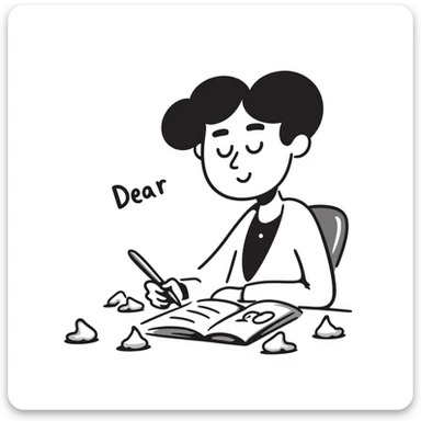 A student at a desk writing an essay that begins with "Dear God" in clear handwriting, surrounded by crumpled paper drafts sticker
