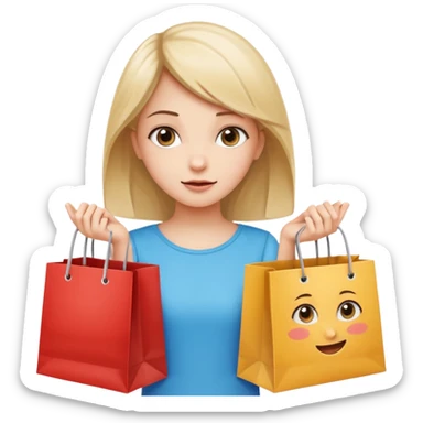 Cozy girl looking left and right between two shopping bags, playful puzzled expression — can’t decide between two options sticker