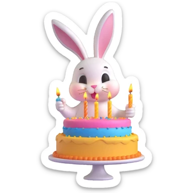 rabbit blowing out birthday cake candles, 3D emoji style sticker