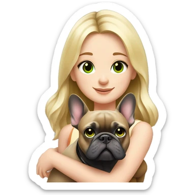 A blonde girl with green eyes with a square hugs a French bulldog with brown eyes and dark gray fur sticker