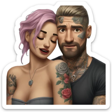 Hyper Realistic Beautiful tattooed woman crying in the arms of a handsome tattooed man  sticker
