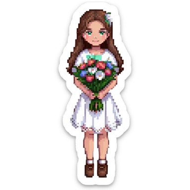 girl with brown hair wearing a white skirt holding a bouquet of flowers sticker