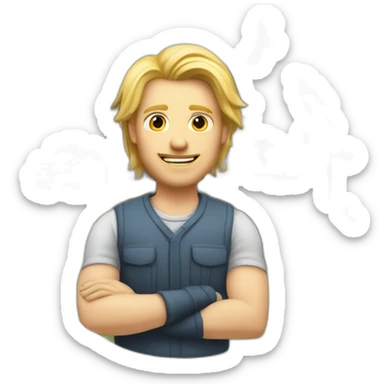 Blond man architect, with mid long blond hair, posing next to a eooden house sticker