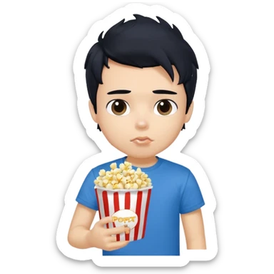 generate a pretty fair bratz boy with a blue tshirt on. eating popcorn. messy black hair sticker
