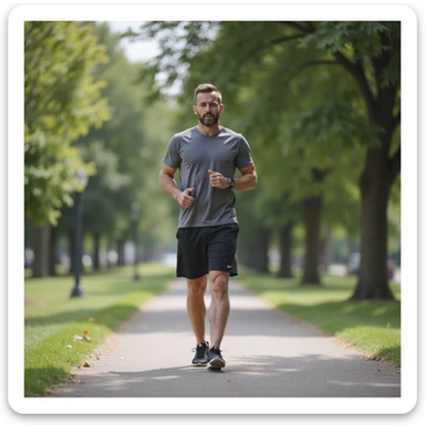 vertical photograph of a man practicing fasting to regenerate the body, man walking in a park, sportswear, fresh air, realistic style sticker