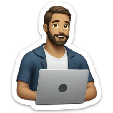a man with a bun and beard at a laptop sticker