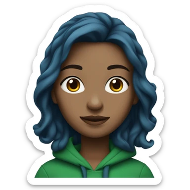 white girl with long wavy dark blue middle parted hair wearing green hoodie sticker