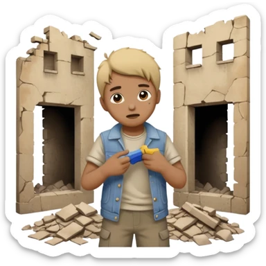 Character brushing dust off themselves as ruins fall behind sticker