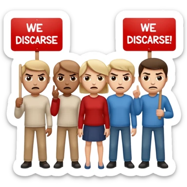 a crowd of people with angry faces and holding placards that read: we disagree sticker