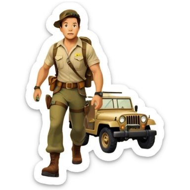 A vintage movie poster-style collage. Include action-packed elements like a treasure map, jungle scenes, a rugged explorer with a compass and a speeding jeep. Add a shadowy figure resembling close-up Mark Wahlberg in adventurous gear. Dramatic lighting, dynamic composition. Transparent background. sticker