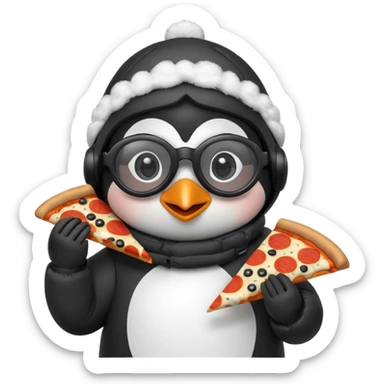 cute penguin eating pizza, skiing glasses on top of head, wearing a puffy coat sticker