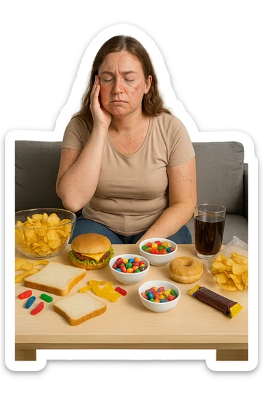 Donna tra i 25 e i 35 anni seduta sul divano o a un tavolo disordinato, circondata da cibi sparsi e poco sani: patatine, dolci, pane bianco, snack confezionati, bibite. con infiammazione e squilibri ormonali sticker