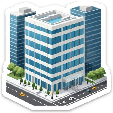 NYC corporate office building exterior, isometric dollhouse-style, highly detailed  sticker