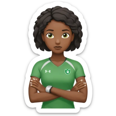 A calm black female coach with folded arms, analyzing the game with sharp focus, green clothes sticker