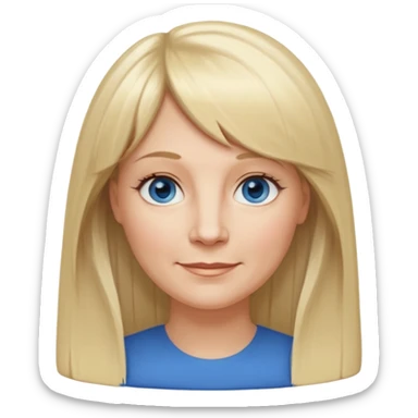 50 yr old white woman, hippe part bangs, very long straight blond hair, oval face, small smile, blue eyes, thin face, hair downback, hair parted at center of head, round cheeks, pale, longer hair sticker