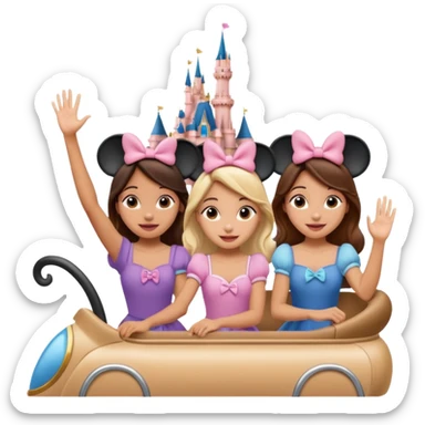 quatro chicas montadas en una atraccion de Disney paris levantando la mano sin el castillo detras sticker