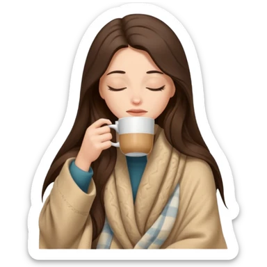 Brunette girl long hair inside a beige blanket sipping coffee eyes closed sticker