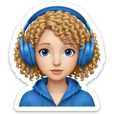 A girl with curly hair listening to music with blue headphones sticker