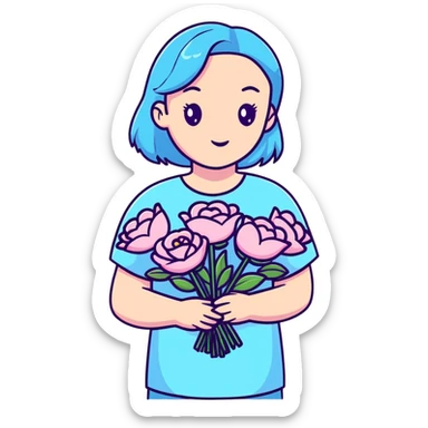 girl wearing pastel blue clothes holding a bouquet of pink flowers sticker