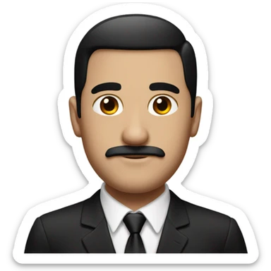 Man with black suit and red band on the arm of it with a black combover and a short black mustache  sticker