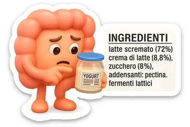 EMOJI STILE IPHONE 3D DI UN INTESTINO CHE HA IN MANO UN BARATTOLO DI YOGURT CONFEZIONATO DA SUPERMERCATO E LEGGE L'ETICHETTA NUTRIZIONALE CON GLI INGREDIENTI IN ITALIANO, ACCANTO ALLO YOGURT CHE HA IN MANO C'è UN FOCUS SULL'ETICHETTA CON GLI INGREDIENTI SCRITTI sticker