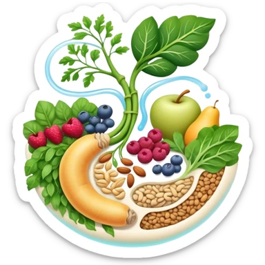 Whole grains, beans, lentils, colorful fruits, leafy greens, and small nuts surrounding an ethereal digestive system with visible intestinal tract. Gentle cleansing light flows through the intestines like a magical river, showing fiber's purifying effect. sticker