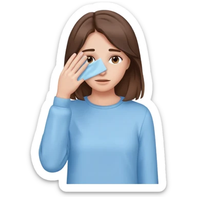 brunette girl with brown hair wearing pastel blue clothes covering her face with her hand sticker