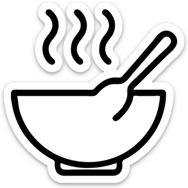 meal time icon, bowl with steam and spoon, outlined, modern icon style sticker