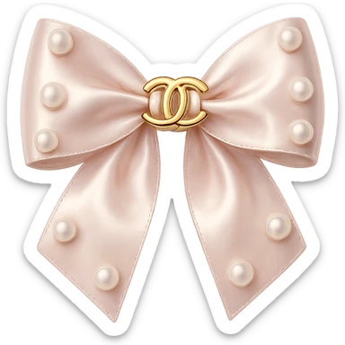 Remove the background, keep only the elegant bow with pearls and gold Chanel logo, glossy, pastel colors, realistic style, with no background. sticker